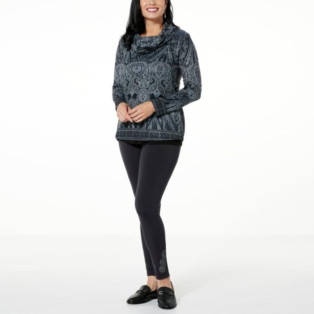 One World Cowl Neck Hacci Top and Pullon Pant Set Size 2X Rhinestone Paisley NEW